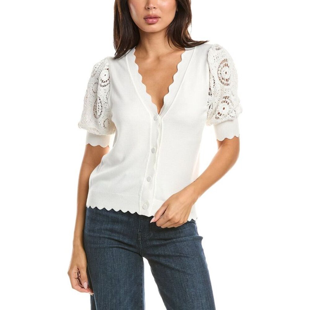 T Tahari Womens  Elbow Crochet Scallop Edge Top, White